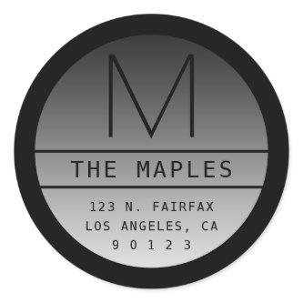 Modern Return Address & Monogram | Gradient Black Classic Round Sticker