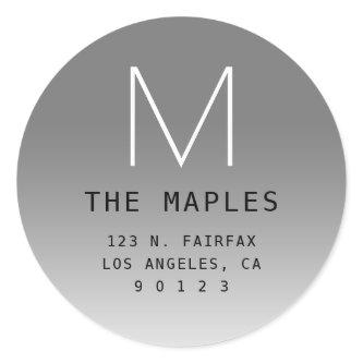 Modern Return Address & Monogram | Grey Ombre Classic Round Sticker