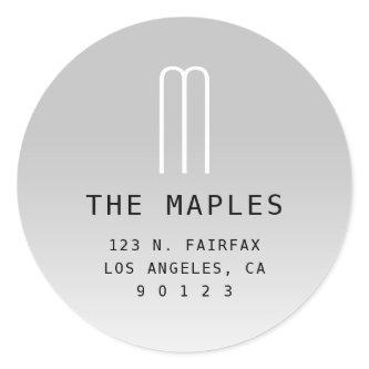 Modern Return Address & Monogram | Grey Ombre Classic Round Sticker