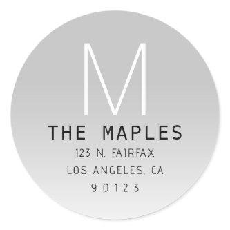 Modern Return Address & Monogram | Grey Ombre Classic Round Sticker