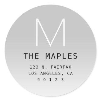 Modern Return Address & Monogram | Grey Ombre Classic Round Sticker