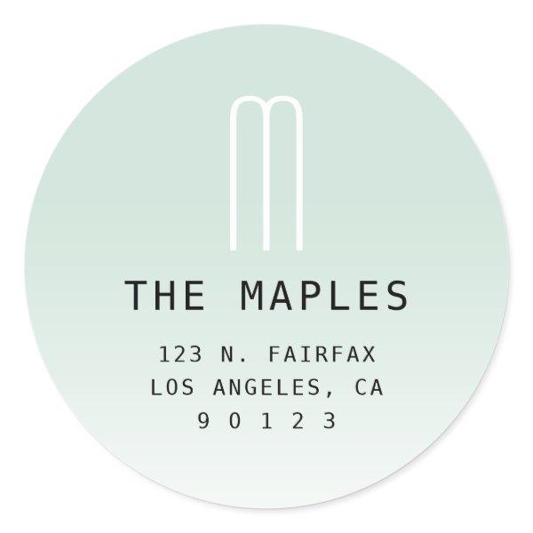 Modern Return Address & Monogram | Light Green Classic Round Sticker