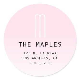 Modern Return Address & Monogram | Light Pink Classic Round Sticker
