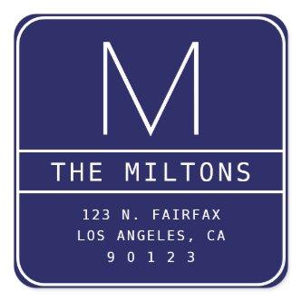 Modern Return Address & Monogram | Navy Blue Square Sticker