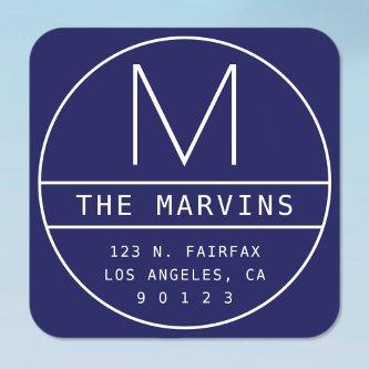 Modern Return Address & Monogram | Navy Blue Square Sticker