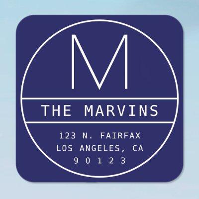 Modern Return Address & Monogram | Navy Blue Square Sticker