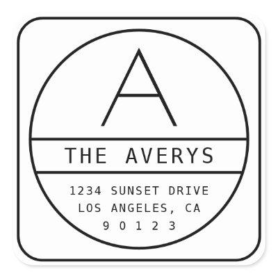 Modern Return Address & Monogram | White and Black Square Sticker