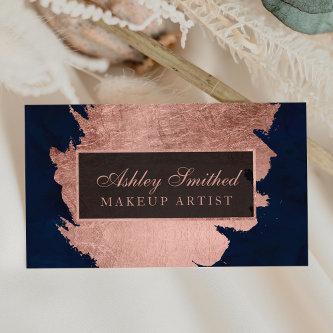 Modern rose gold brushstroke navy blue makeup