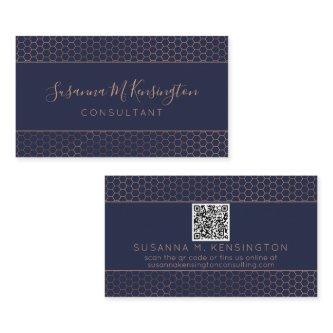 Modern Rose Gold Foil Navy Blue Geometric QR Code