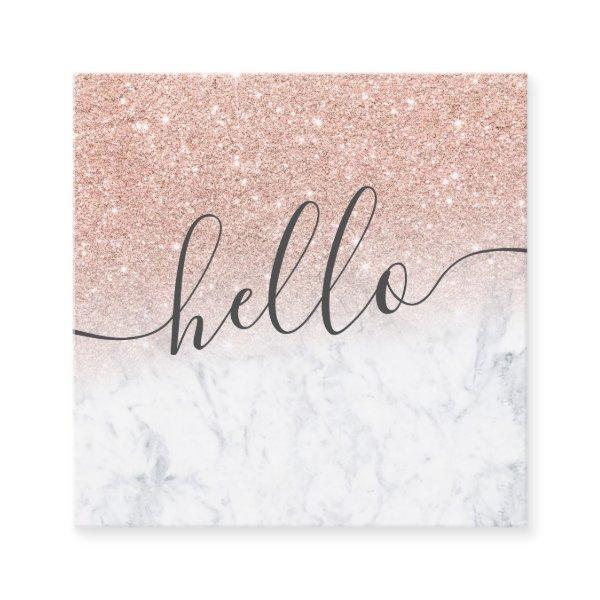 Modern rose gold glitter ombre white marble hello square