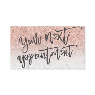 Modern rose gold glitter white script typography appointment card