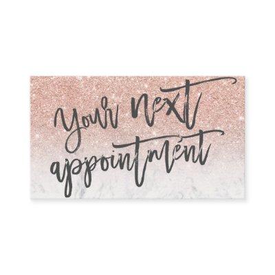 Modern rose gold glitter white script typography appointment card