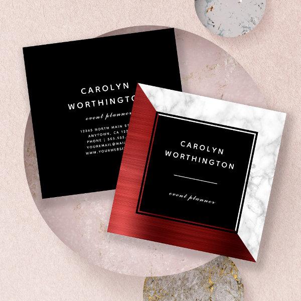 Modern Ruby Red Brushed Foil White Marble Black Square