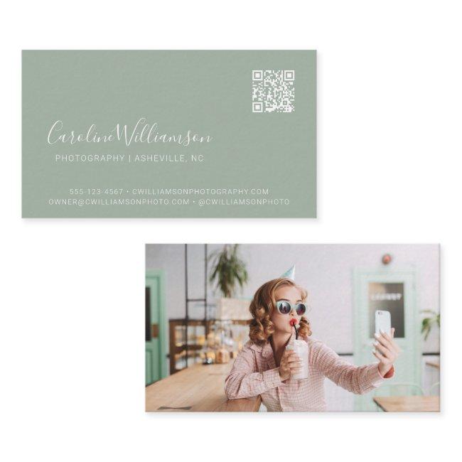 Modern Sage Green Script Photo QR Code Trendy