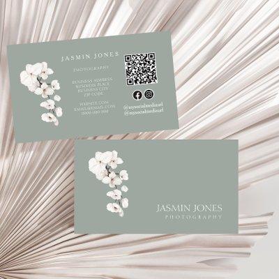 Modern Sage Green White Orchids QR Code Floral