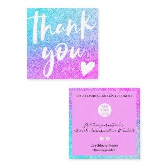 Modern script blue pink glitter thank you square