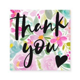 Modern script floral pink thank you square
