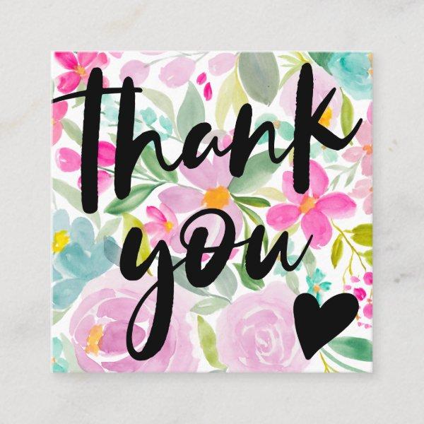 Modern script floral pink thank you square