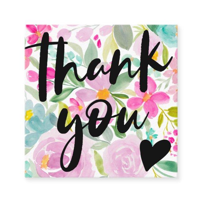 Modern script floral pink thank you square