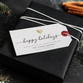 Modern Script Gold Heart Business Happy Holidays Gift Tags