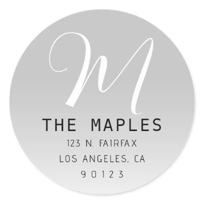 Modern Script Initial Return Address | Grey Ombre Classic Round Sticker