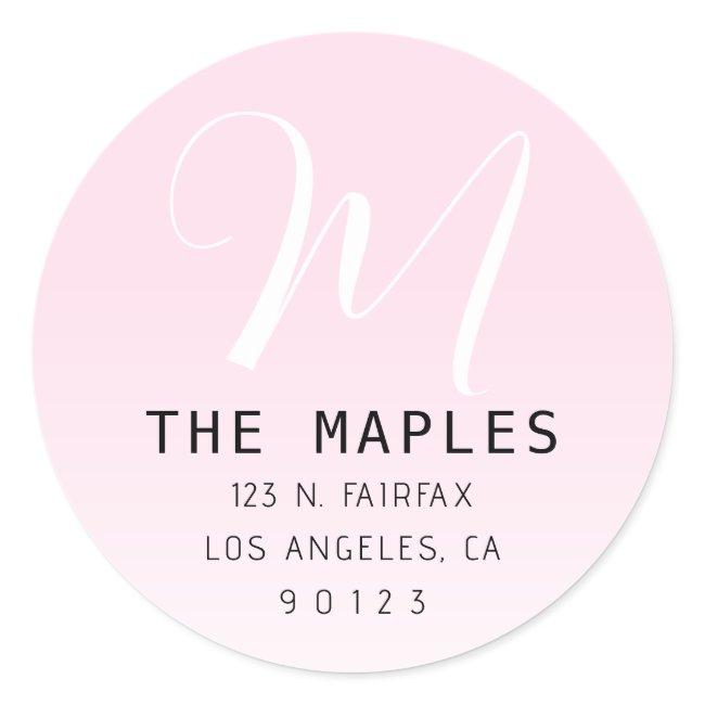 Modern Script Initial Return Address | Pink Ombre Classic Round Sticker