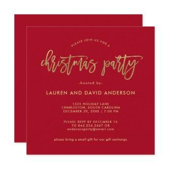 Modern Script | Red and Faux Gold Christmas Party Invitation
