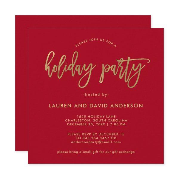 Modern Script | Red and Faux Gold Holiday Party Invitation
