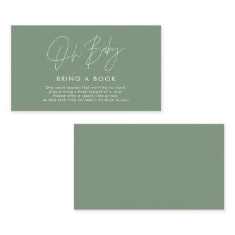 modern script sage green baby shower bring a book