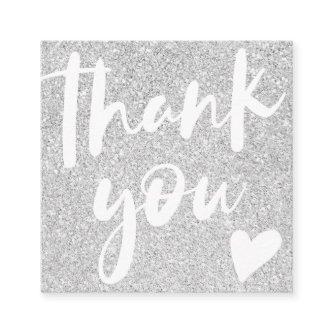 Modern script silver glitter pink thank you square