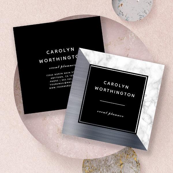 Modern Silver Brushed Foil White Marble Black Square