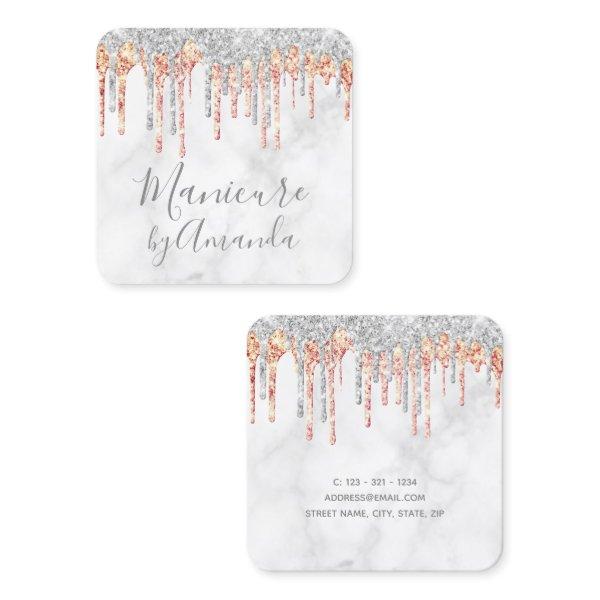 Modern silver copper marble glitter drips manicure square