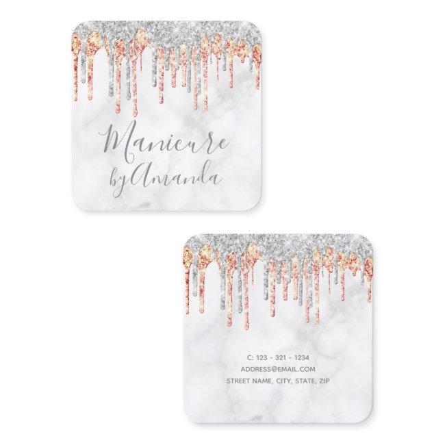 Modern silver copper marble glitter drips manicure square