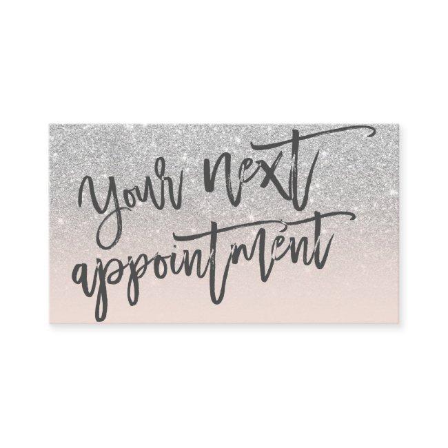 Modern silver glitter blush pink script typography appointment card