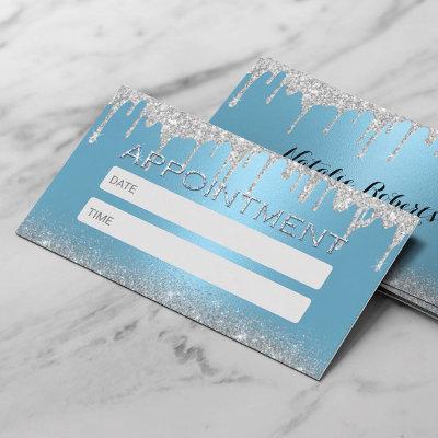 Modern Silver Glitter Drips Blue Salon & SPA Appointment Card