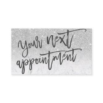 Modern silver glitter marble script typography appointment card