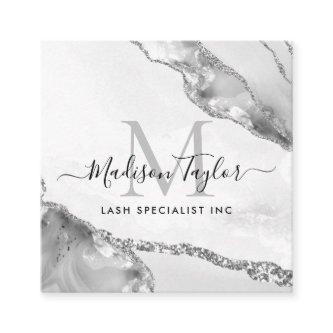 Modern Silver Gray Glitter Marble Agate Monogram Square