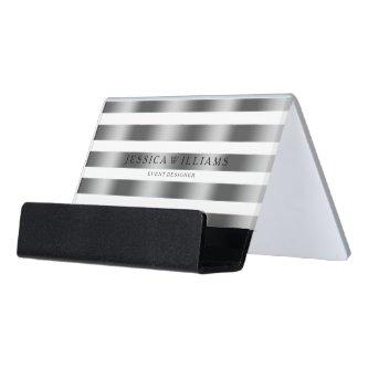 Modern Silver Gray & White Stripes Pattern Desk  Holder