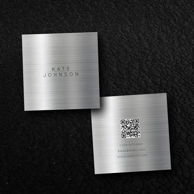 Modern Silver Metal Minimalist Simple QR Code Square