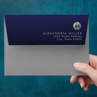 Modern Silver Monogram Navy Blue Return Address Envelope