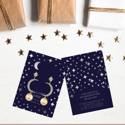 Modern Silver Navy Stars Moon Earring Display Card
