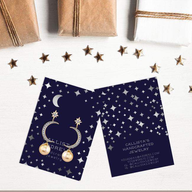 Modern Silver Navy Stars Moon Earring Display Card