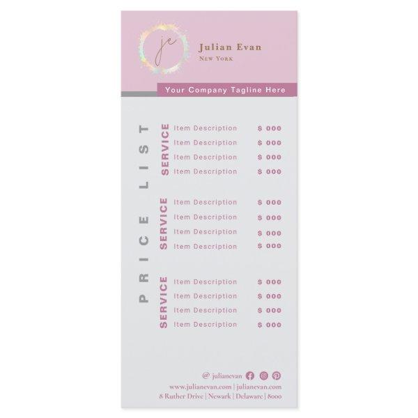 Modern Simple Holographic Monogram Pink Price List Menu