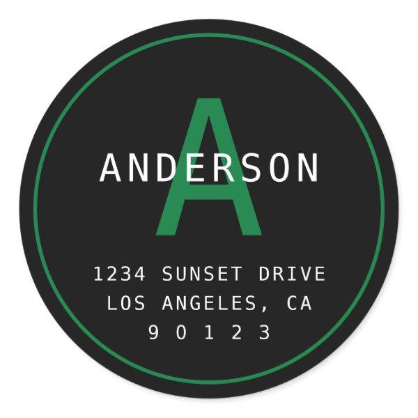 Modern Simple Monogram Address | Black Green White Classic Round Sticker