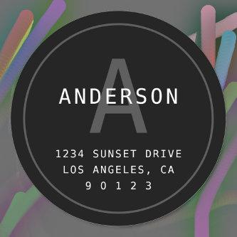 Modern Simple Monogram Address | Black Grey White Classic Round Sticker