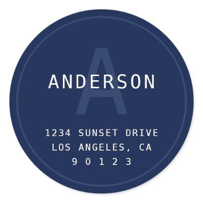 Modern Simple Monogram Address | Navy Blue & White Classic Round Sticker