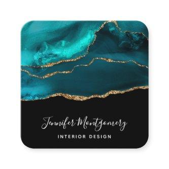 Modern Stylish Teal Agate & Gold Ribbon on Black Square