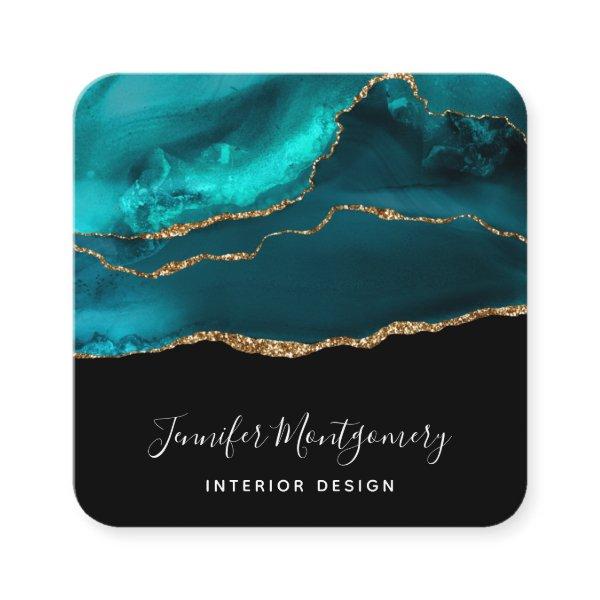 Modern Stylish Teal Agate & Gold Ribbon on Black Square
