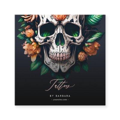 Modern Tattoo Artist Red Roses Skull Green Square