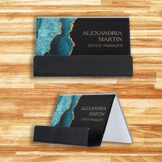 Modern Teal Black Gold Glitter Marble Desk Busines Desk  Holder